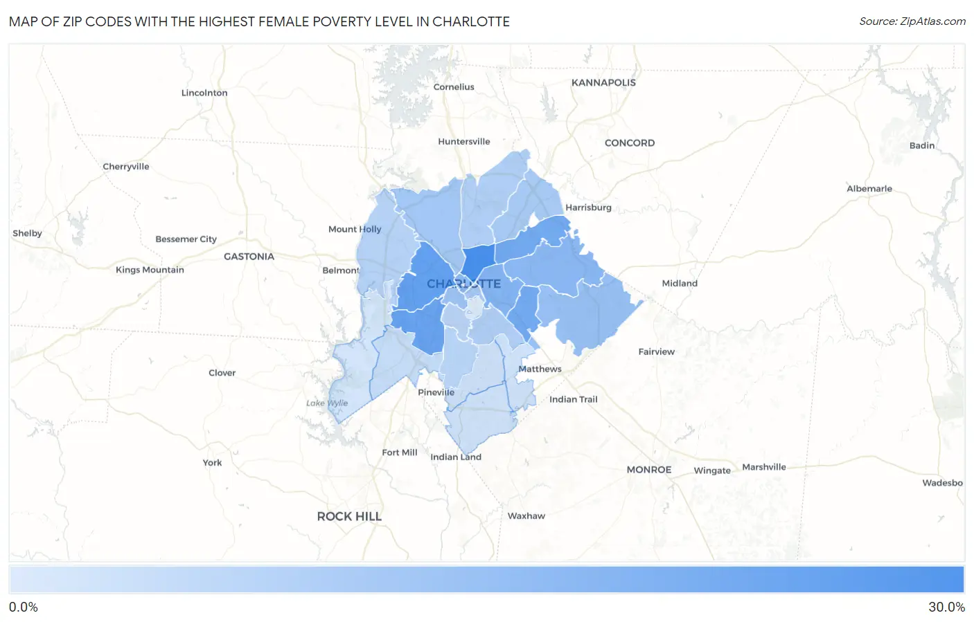 Zip Codes with the Highest Female Poverty Level in Charlotte Map