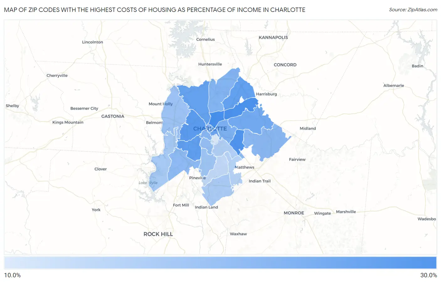 Zip Codes with the Highest Costs of Housing as Percentage of Income in Charlotte Map