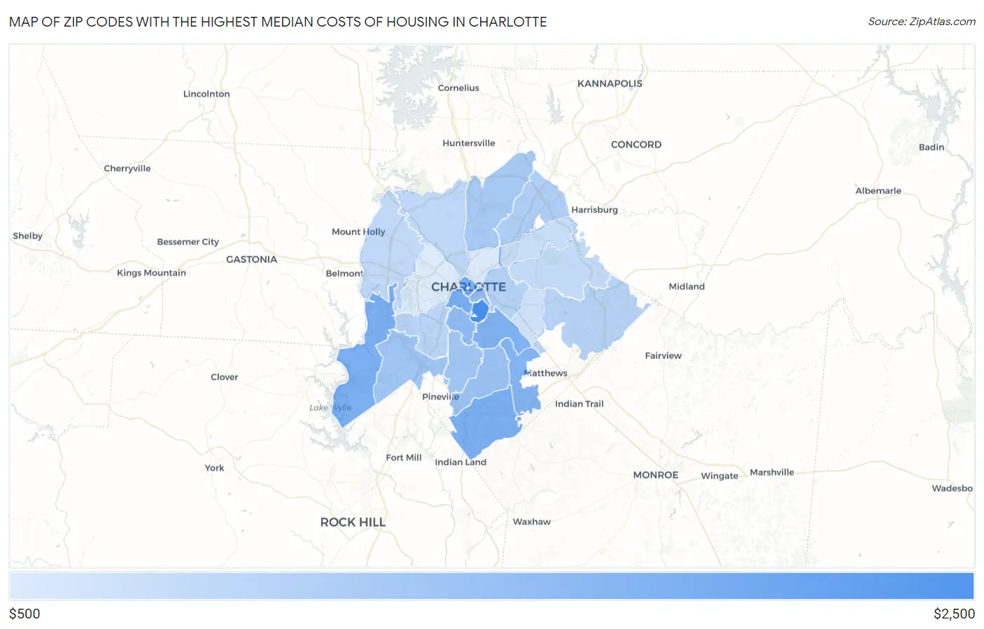 Zip Codes with the Highest Median Costs of Housing in Charlotte Map