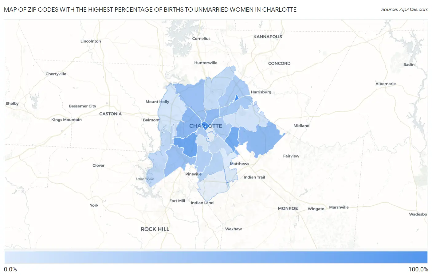Zip Codes with the Highest Percentage of Births to Unmarried Women in Charlotte Map