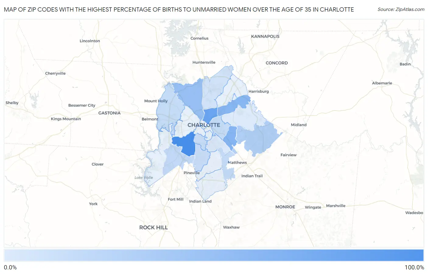 Zip Codes with the Highest Percentage of Births to Unmarried Women over the Age of 35 in Charlotte Map