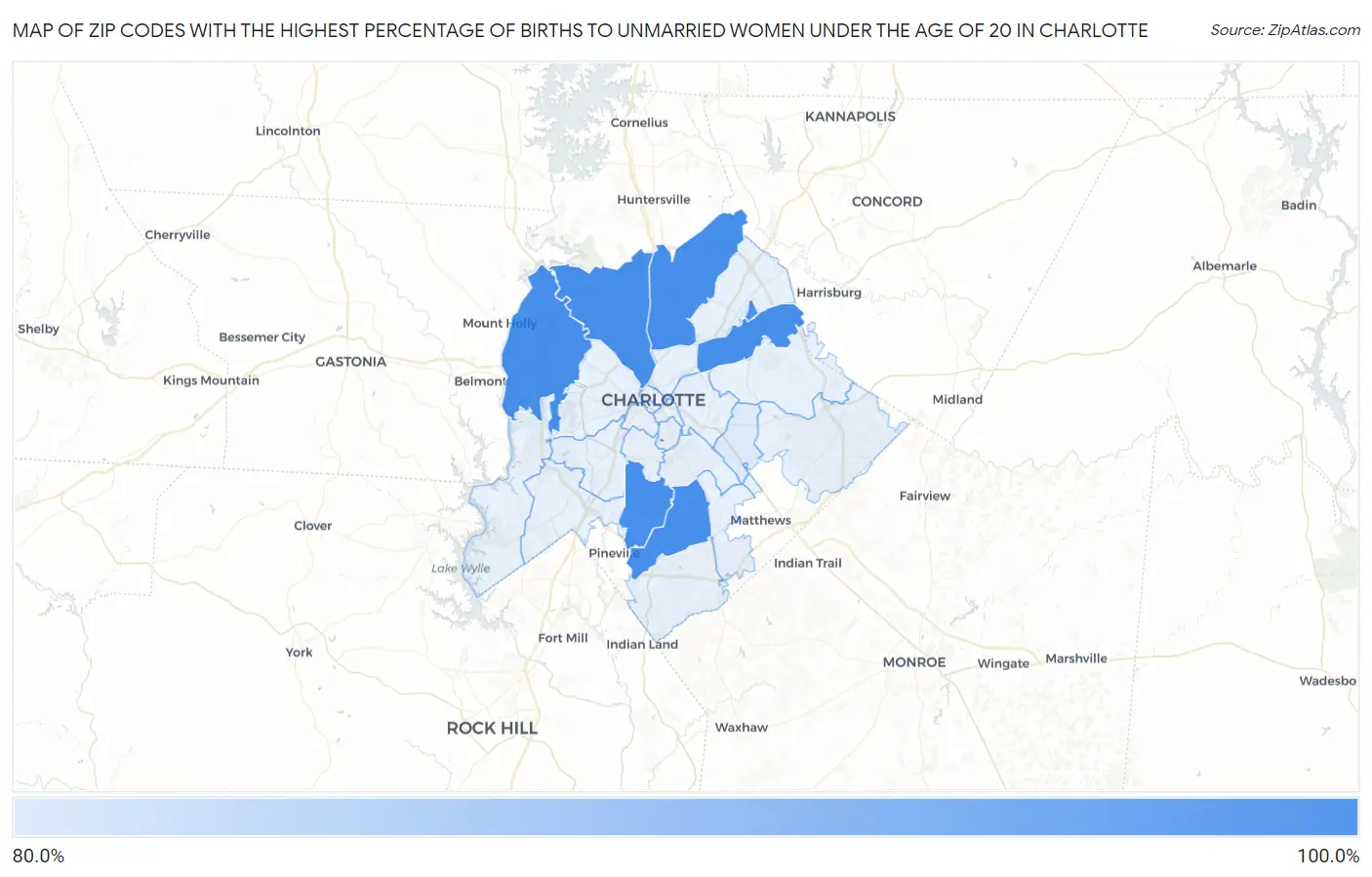 Zip Codes with the Highest Percentage of Births to Unmarried Women under the Age of 20 in Charlotte Map