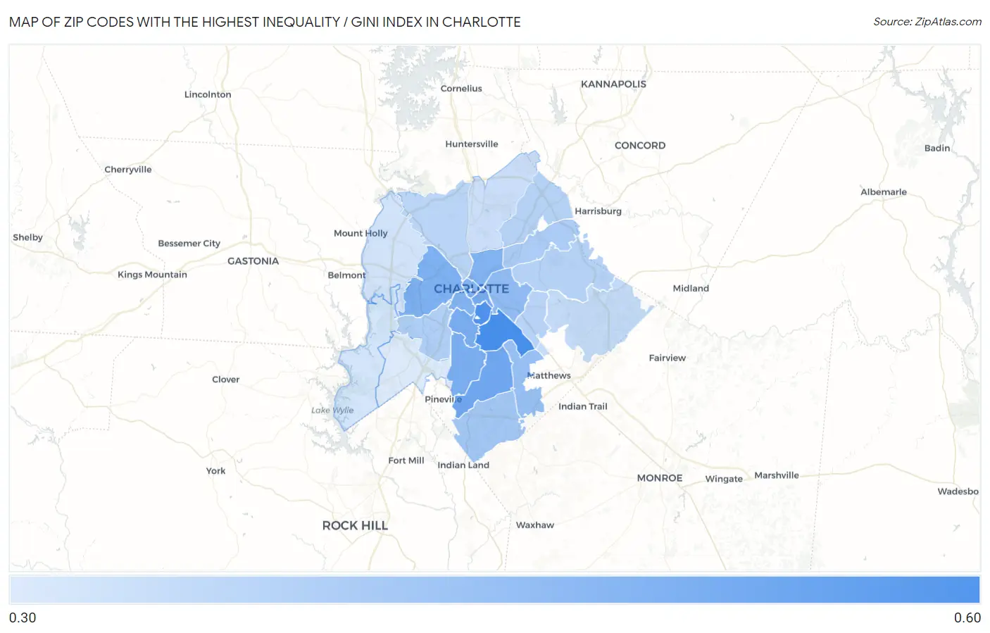 Zip Codes with the Highest Inequality / Gini Index in Charlotte Map