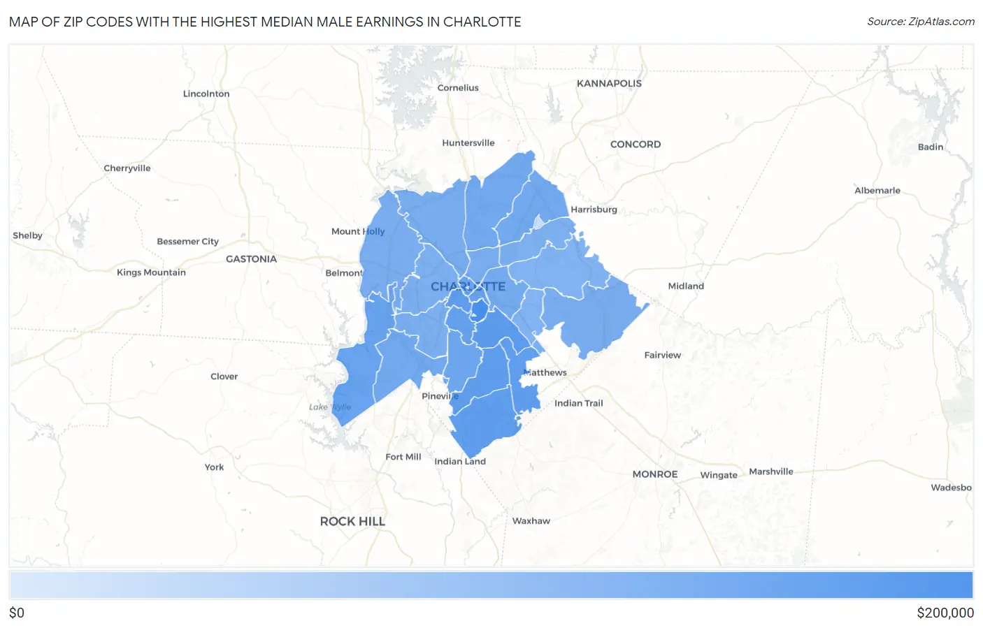 Zip Codes with the Highest Median Male Earnings in Charlotte Map