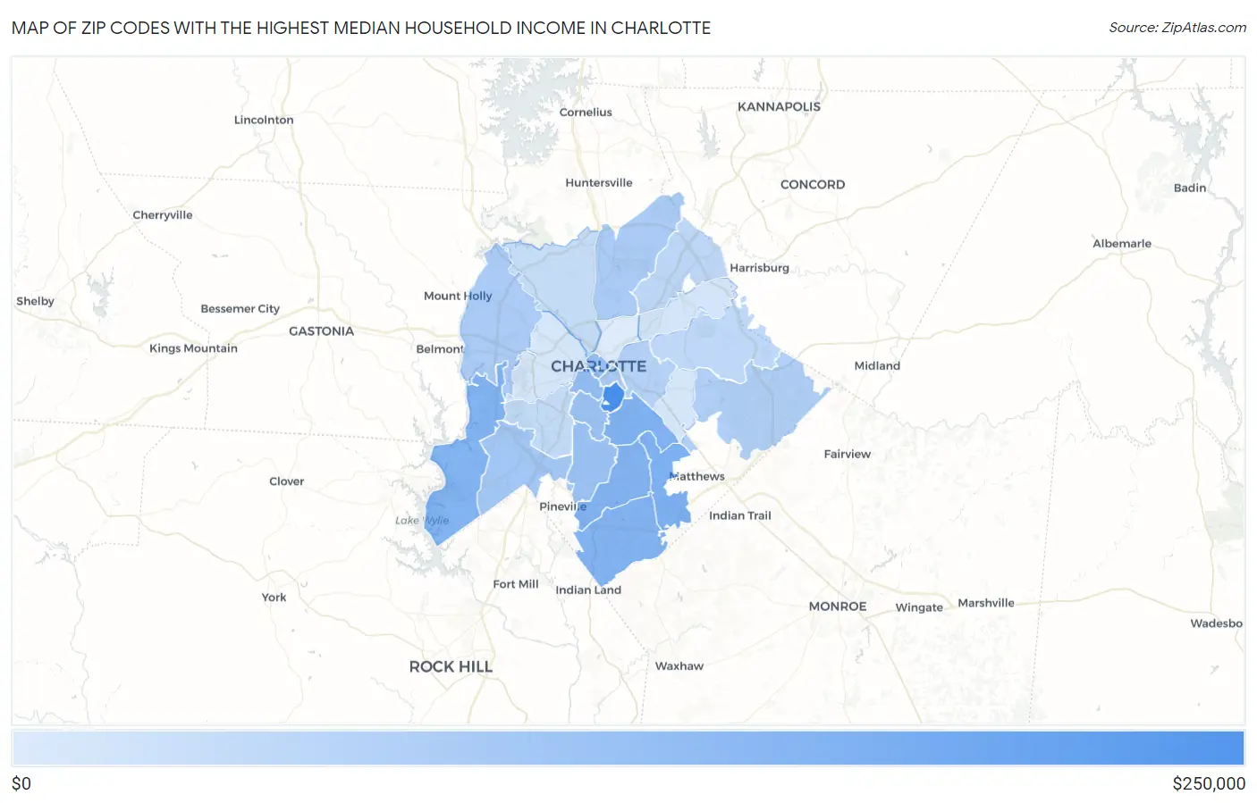 Zip Codes with the Highest Median Household Income in Charlotte Map