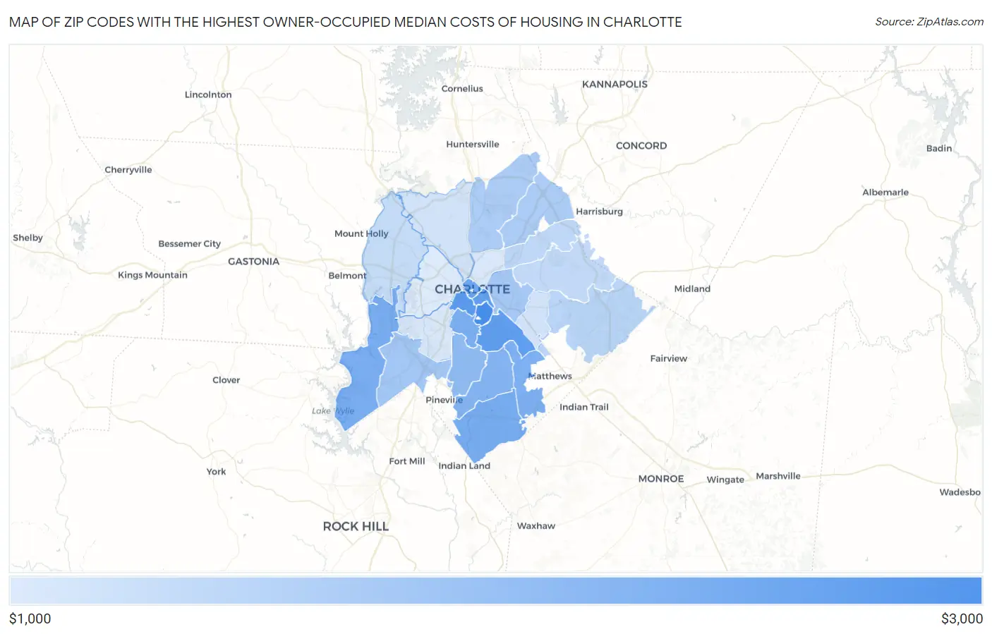 Zip Codes with the Highest Owner-Occupied Median Costs of Housing in Charlotte Map