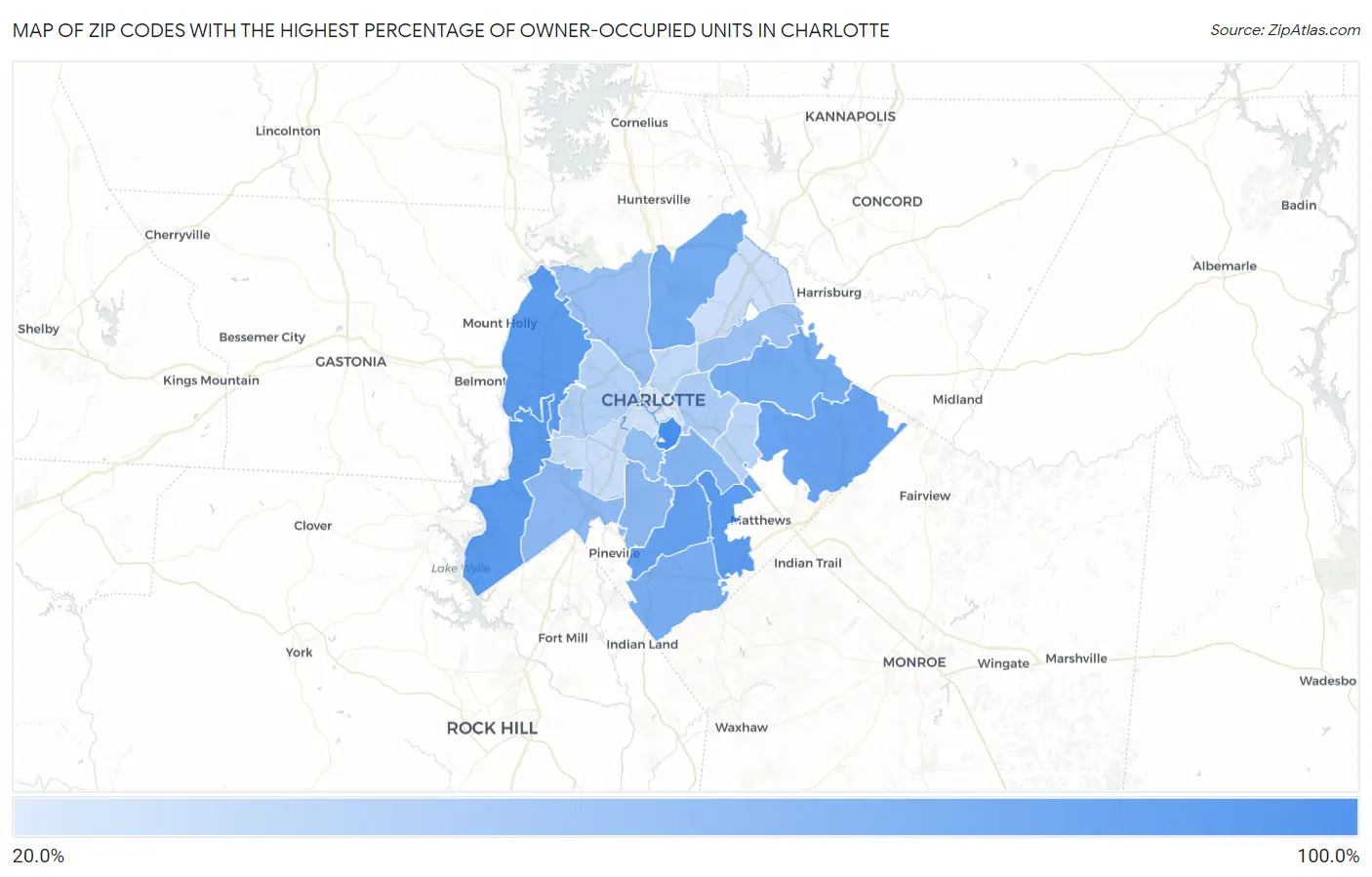 Zip Codes with the Highest Percentage of Owner-Occupied Units in Charlotte Map