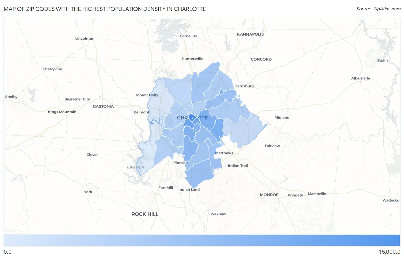 Zip Codes with the Highest Population Density in Charlotte Map