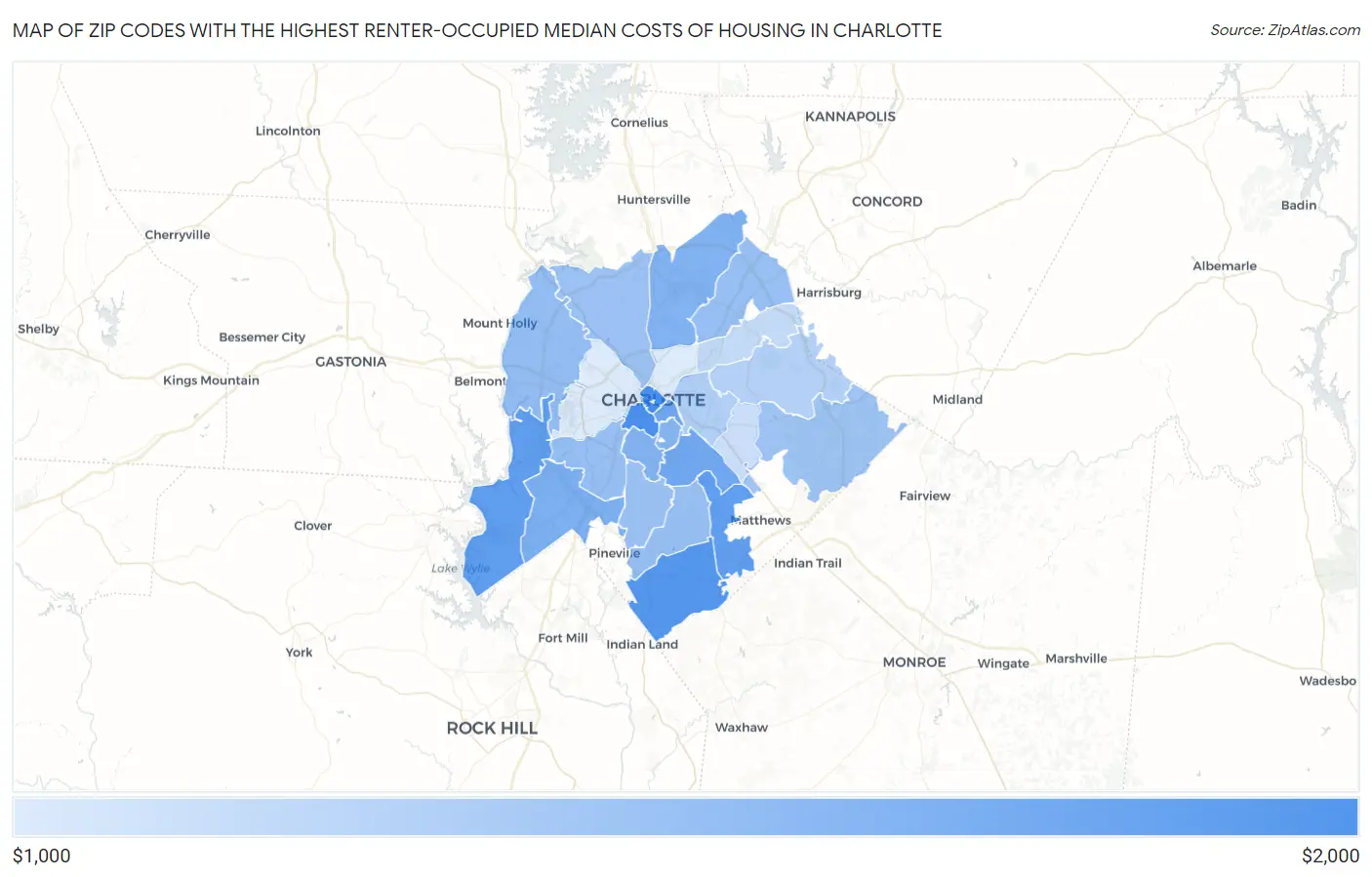 Zip Codes with the Highest Renter-Occupied Median Costs of Housing in Charlotte Map