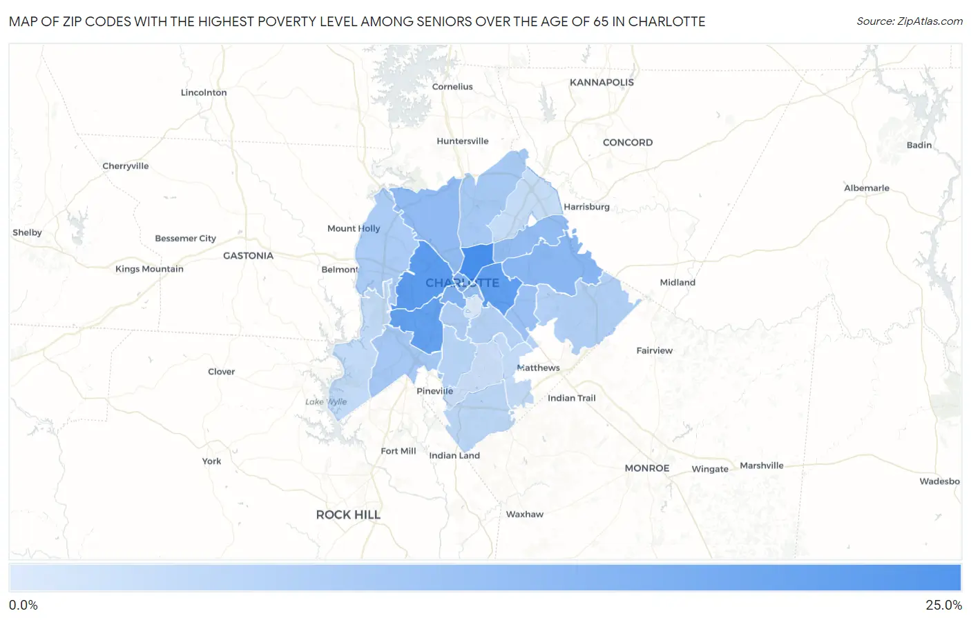 Zip Codes with the Highest Poverty Level Among Seniors Over the Age of 65 in Charlotte Map