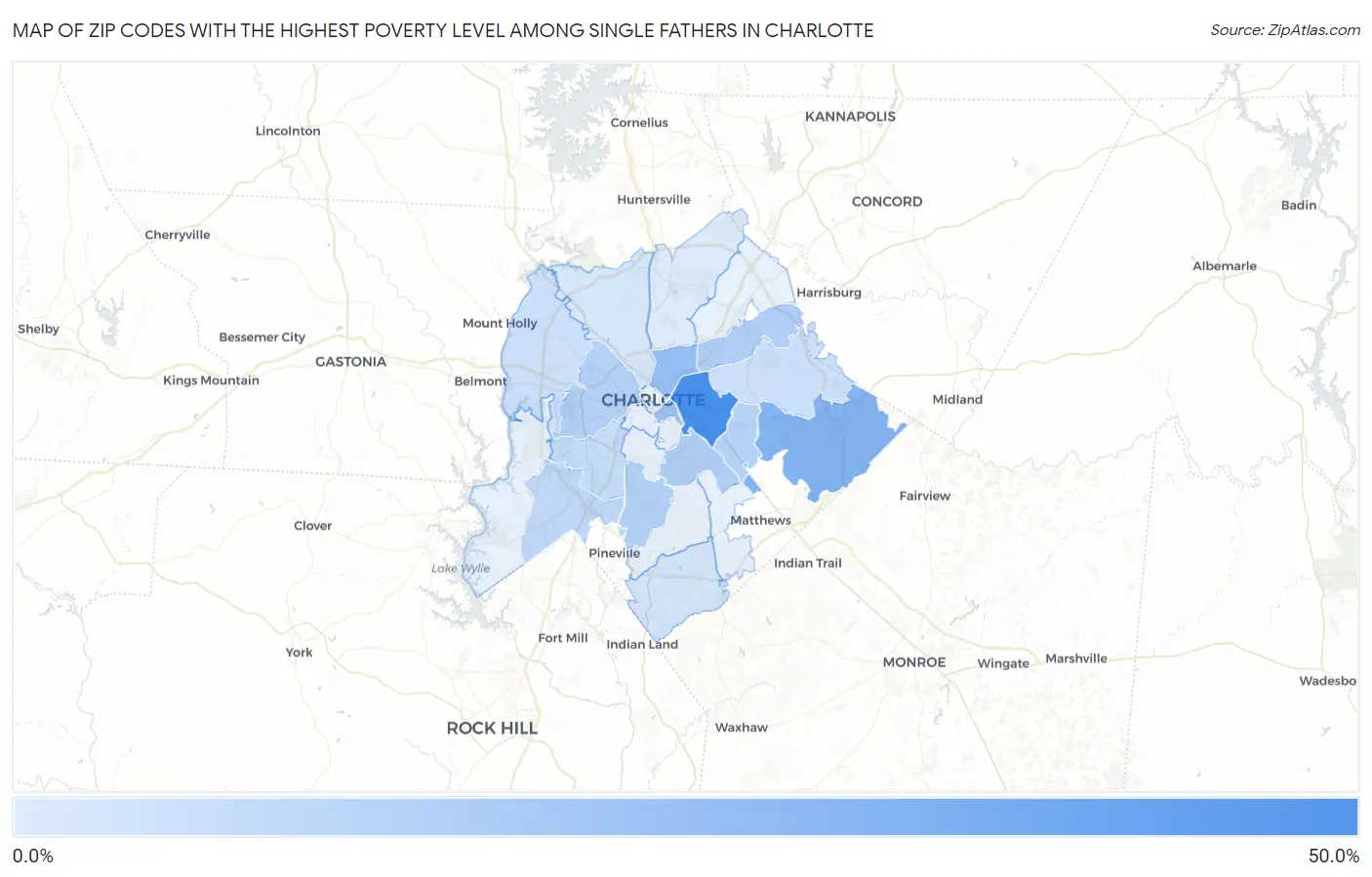Zip Codes with the Highest Poverty Level Among Single Fathers in Charlotte Map