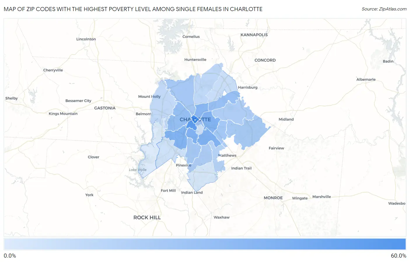 Zip Codes with the Highest Poverty Level Among Single Females in Charlotte Map