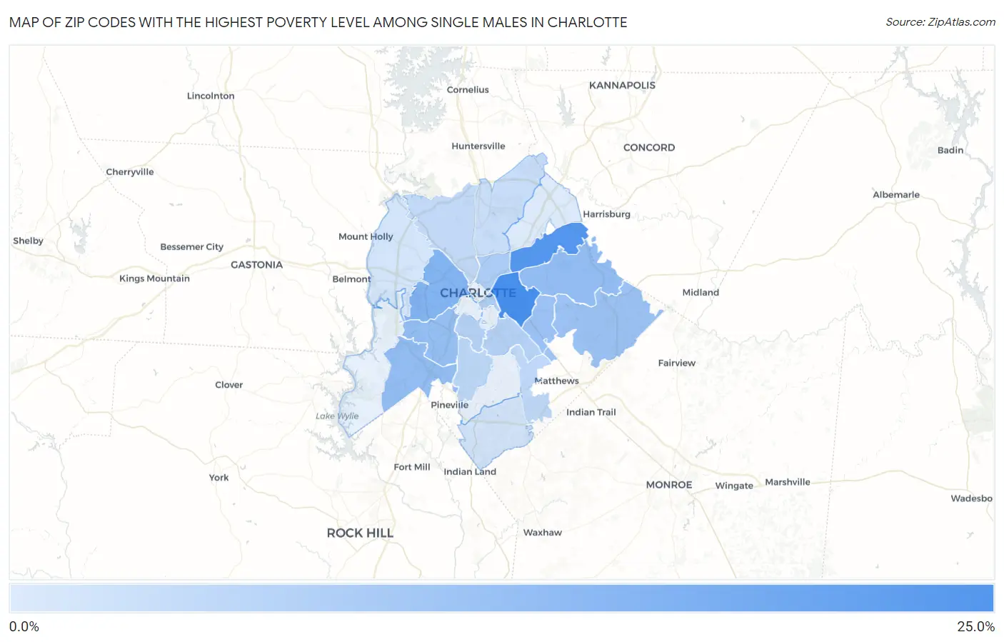 Zip Codes with the Highest Poverty Level Among Single Males in Charlotte Map