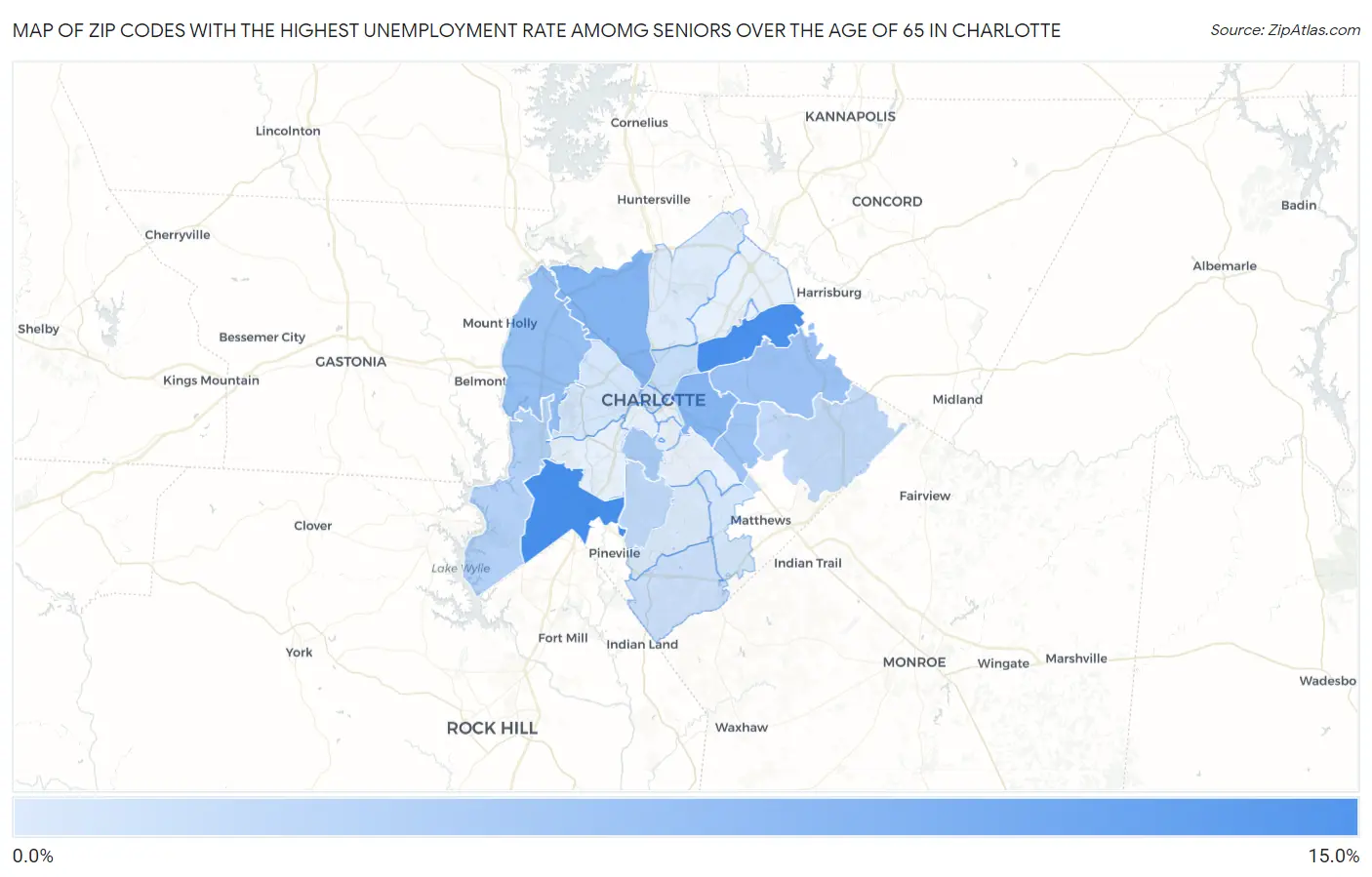 Zip Codes with the Highest Unemployment Rate Amomg Seniors Over the Age of 65 in Charlotte Map