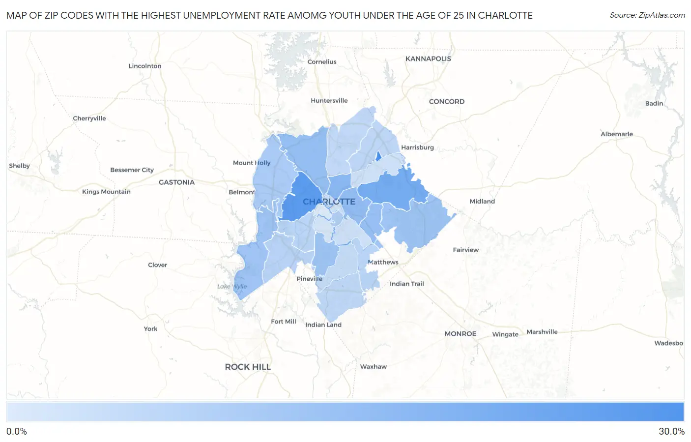 Zip Codes with the Highest Unemployment Rate Amomg Youth Under the Age of 25 in Charlotte Map