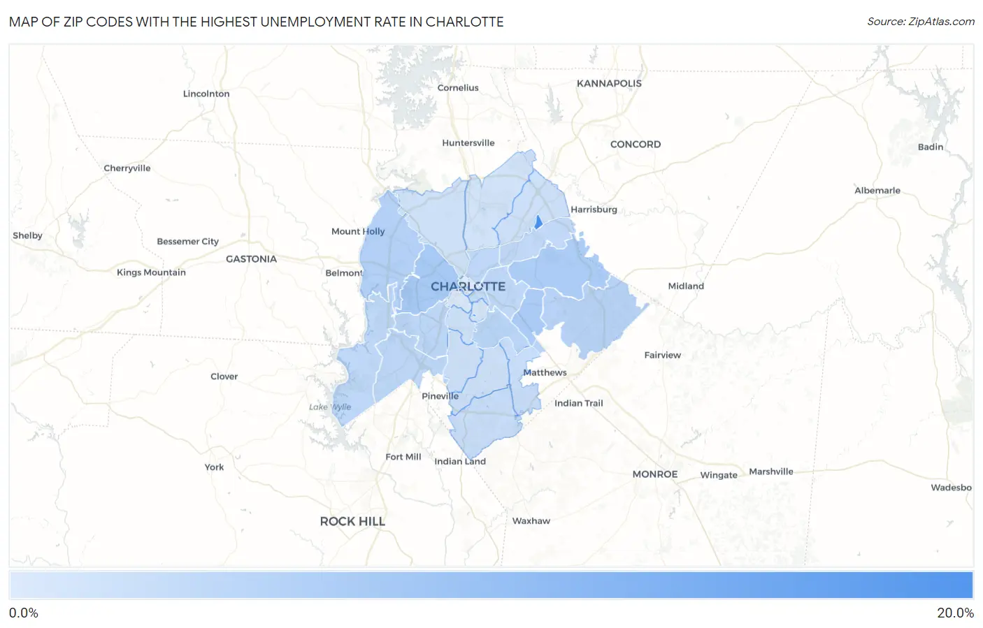 Zip Codes with the Highest Unemployment Rate in Charlotte Map