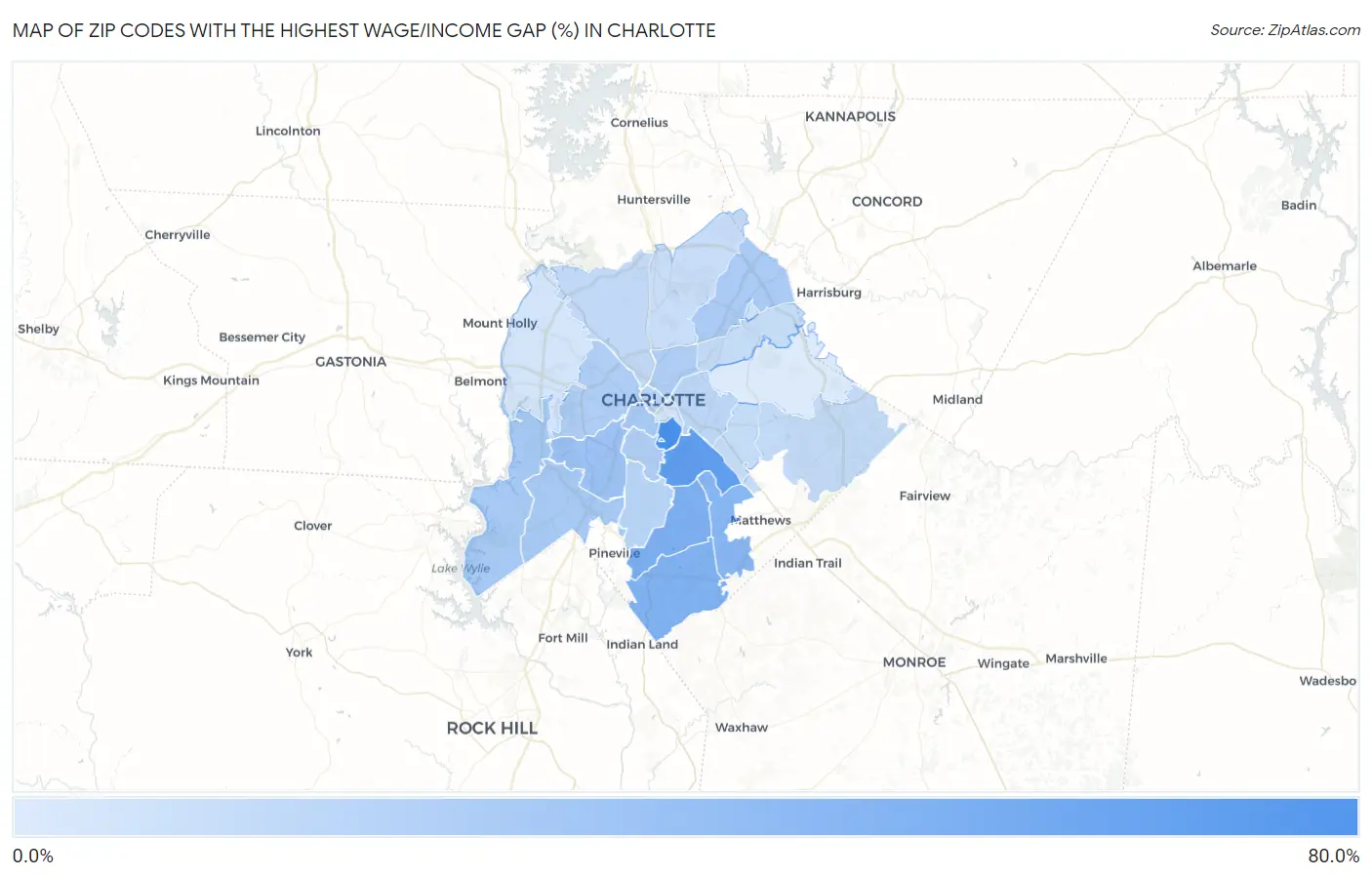 Zip Codes with the Highest Wage/Income Gap (%) in Charlotte Map