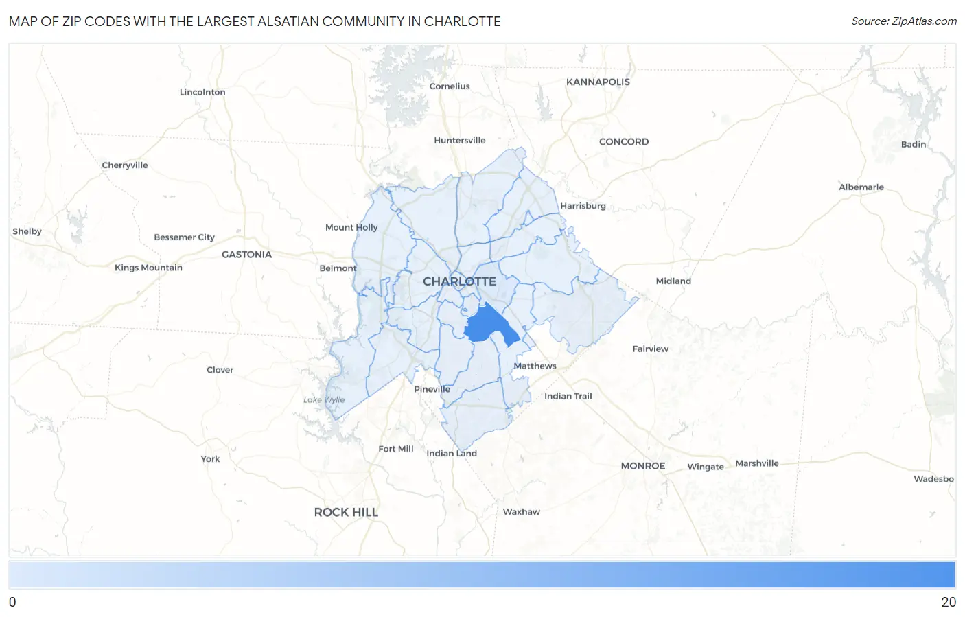 Zip Codes with the Largest Alsatian Community in Charlotte Map