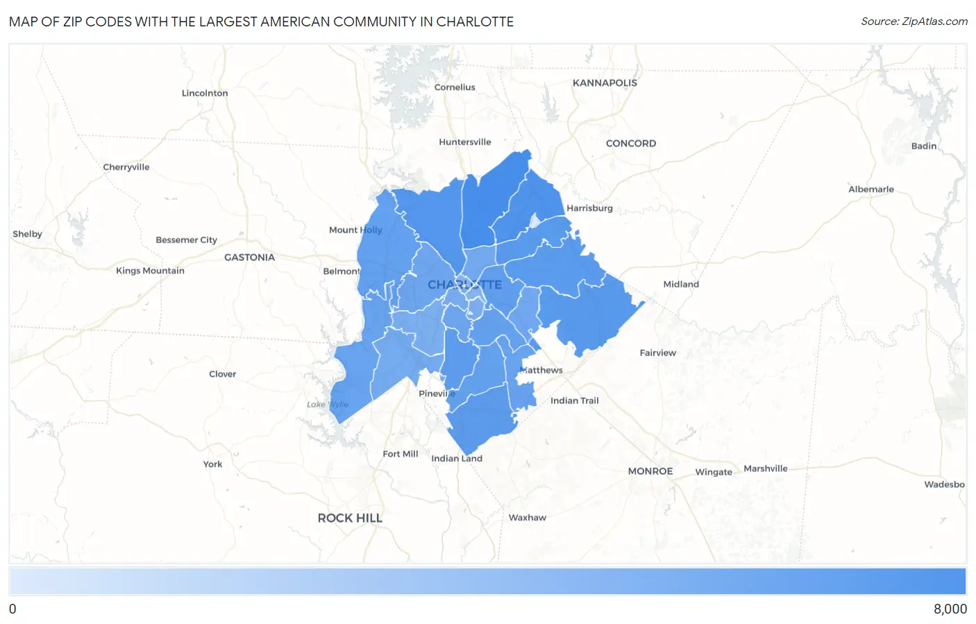 Zip Codes with the Largest American Community in Charlotte Map