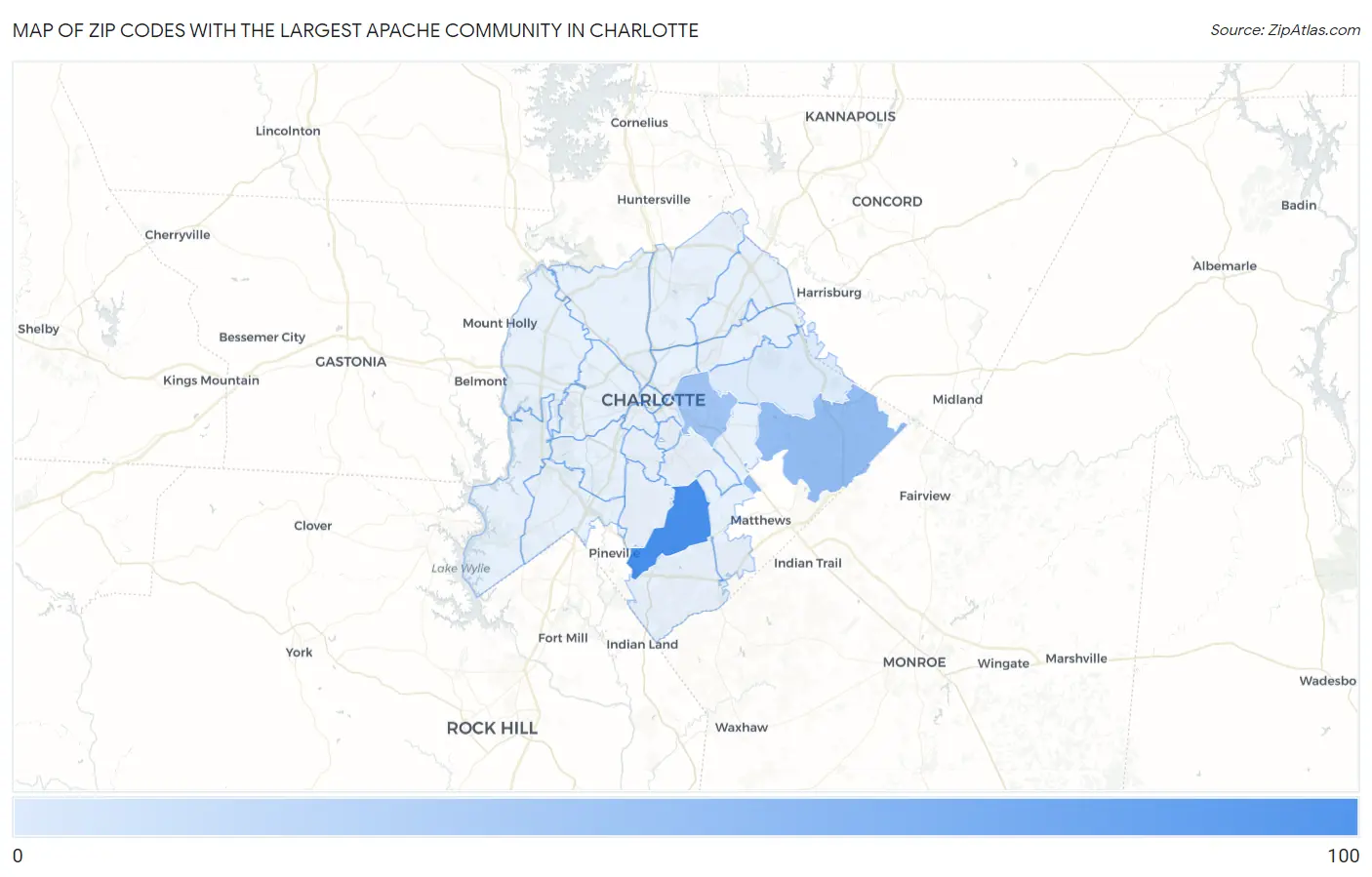 Zip Codes with the Largest Apache Community in Charlotte Map