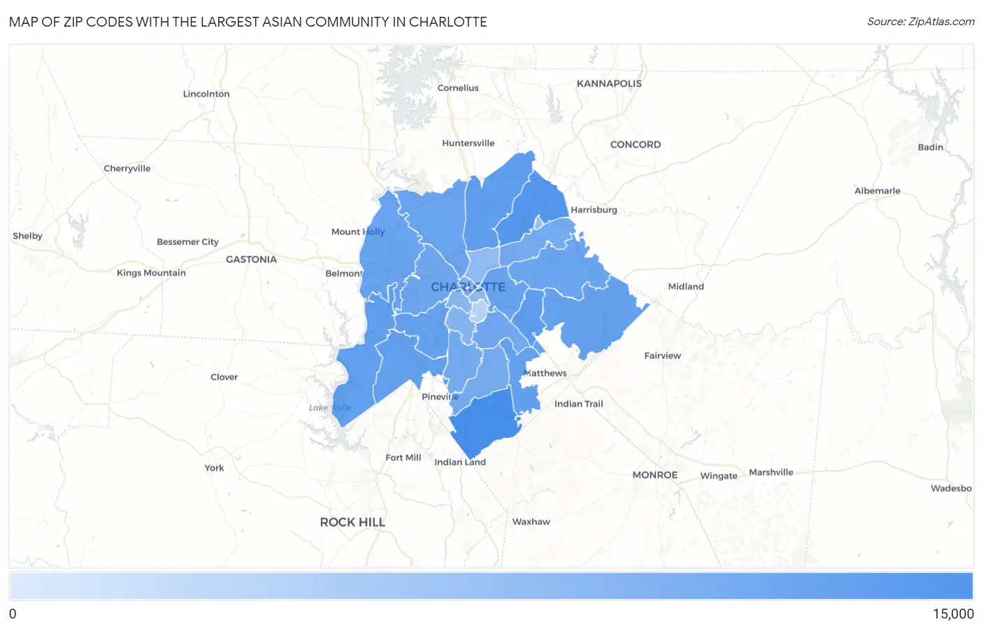 Zip Codes with the Largest Asian Community in Charlotte Map