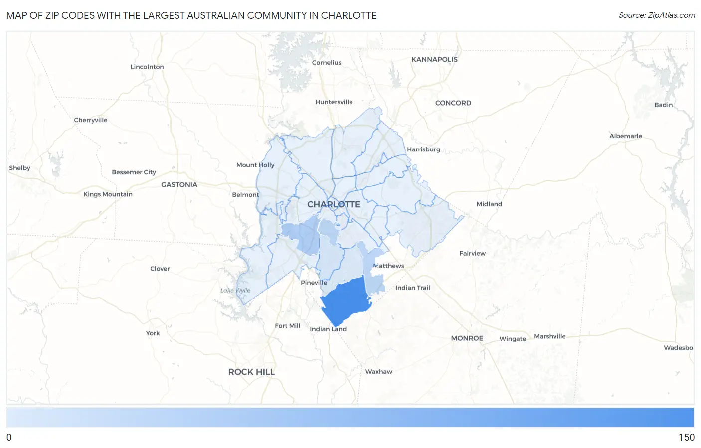Zip Codes with the Largest Australian Community in Charlotte Map