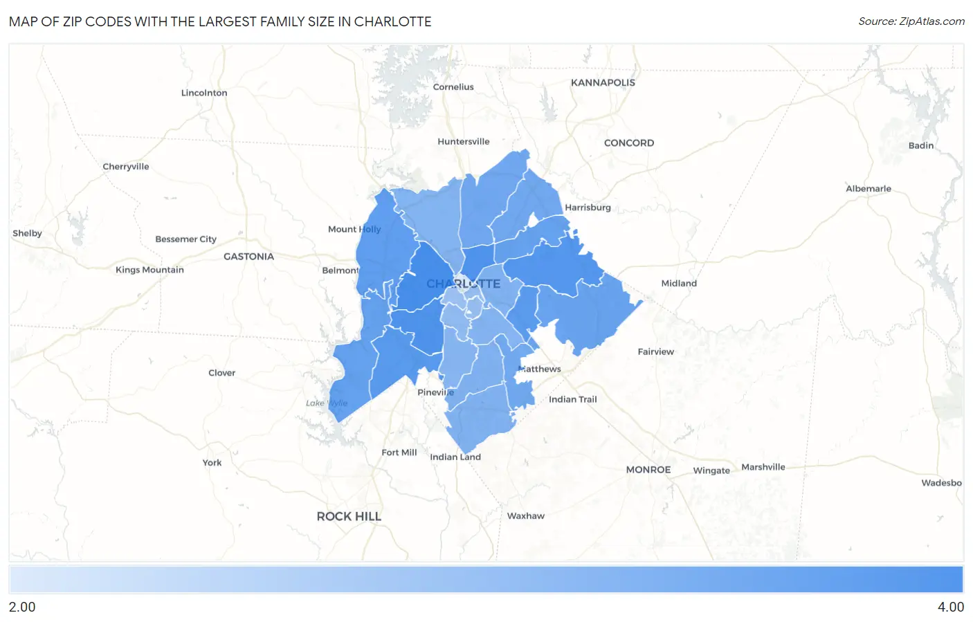 Zip Codes with the Largest Family Size in Charlotte Map