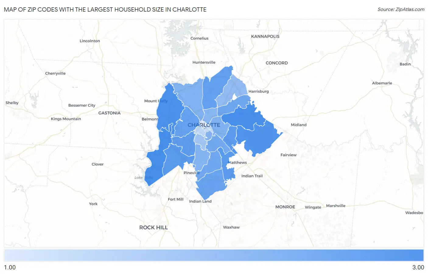 Zip Codes with the Largest Household Size in Charlotte Map