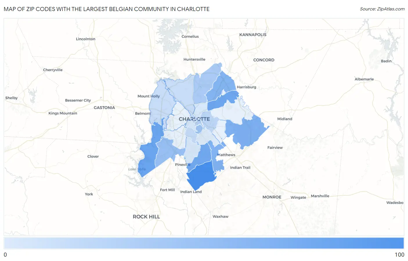 Zip Codes with the Largest Belgian Community in Charlotte Map