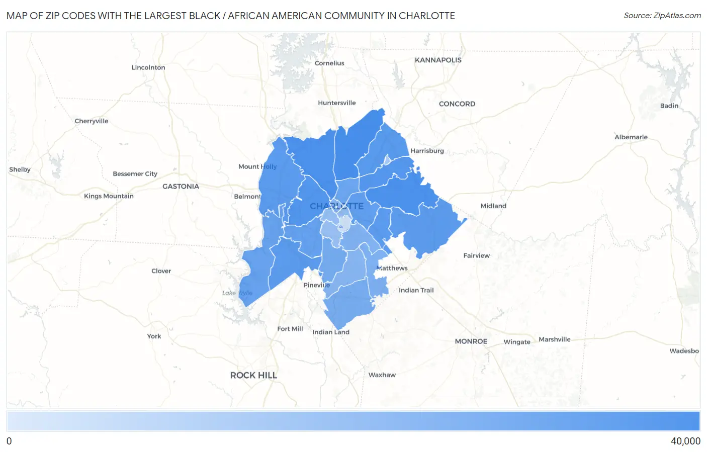 Zip Codes with the Largest Black / African American Community in Charlotte Map