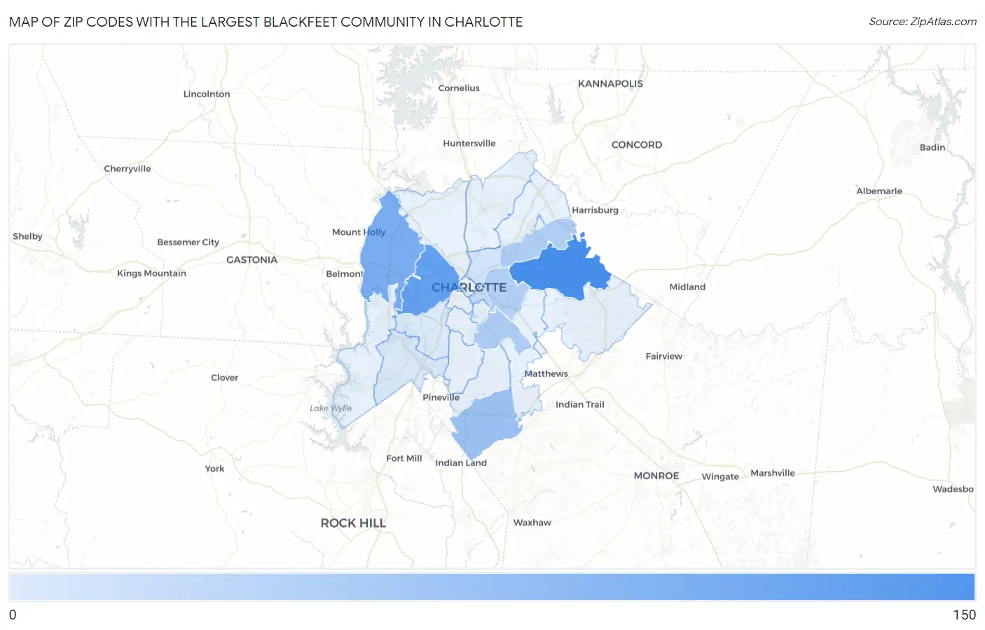 Zip Codes with the Largest Blackfeet Community in Charlotte Map