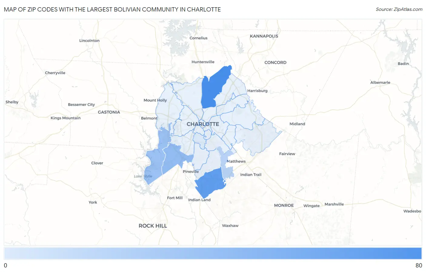 Zip Codes with the Largest Bolivian Community in Charlotte Map