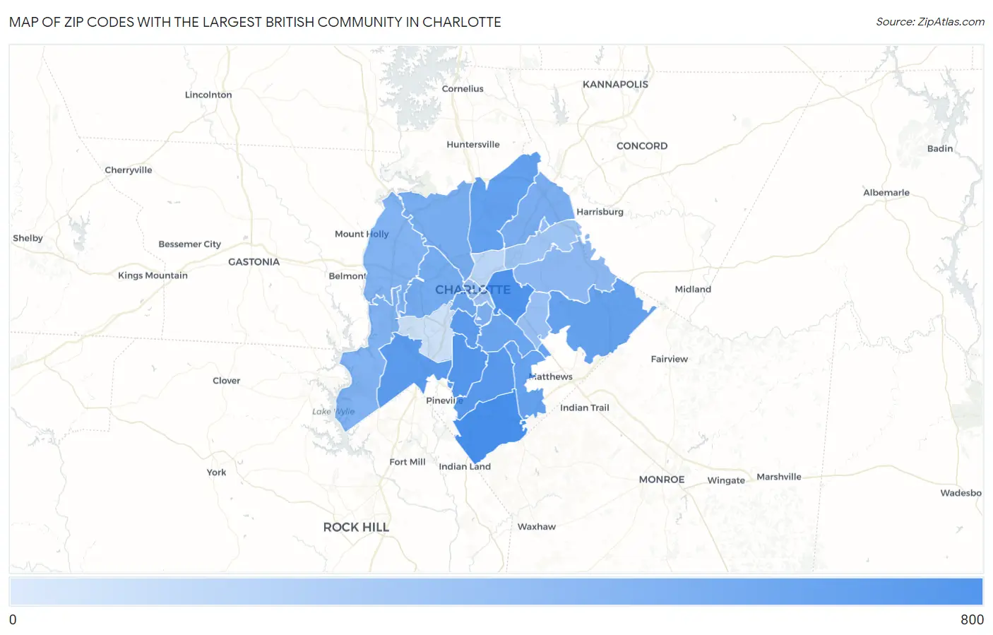 Zip Codes with the Largest British Community in Charlotte Map