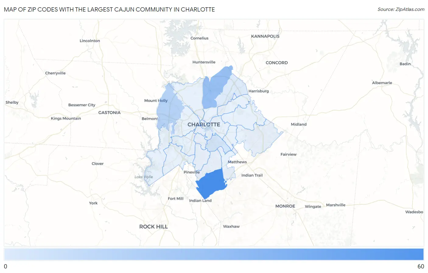Zip Codes with the Largest Cajun Community in Charlotte Map