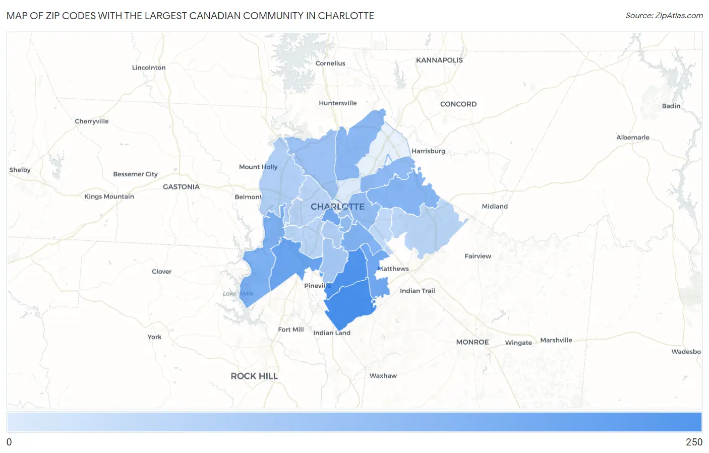Zip Codes with the Largest Canadian Community in Charlotte Map