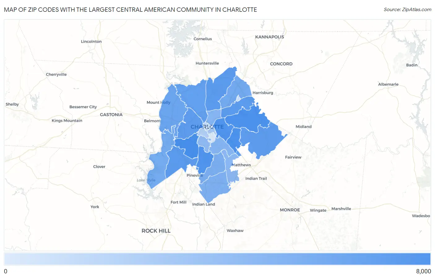 Zip Codes with the Largest Central American Community in Charlotte Map