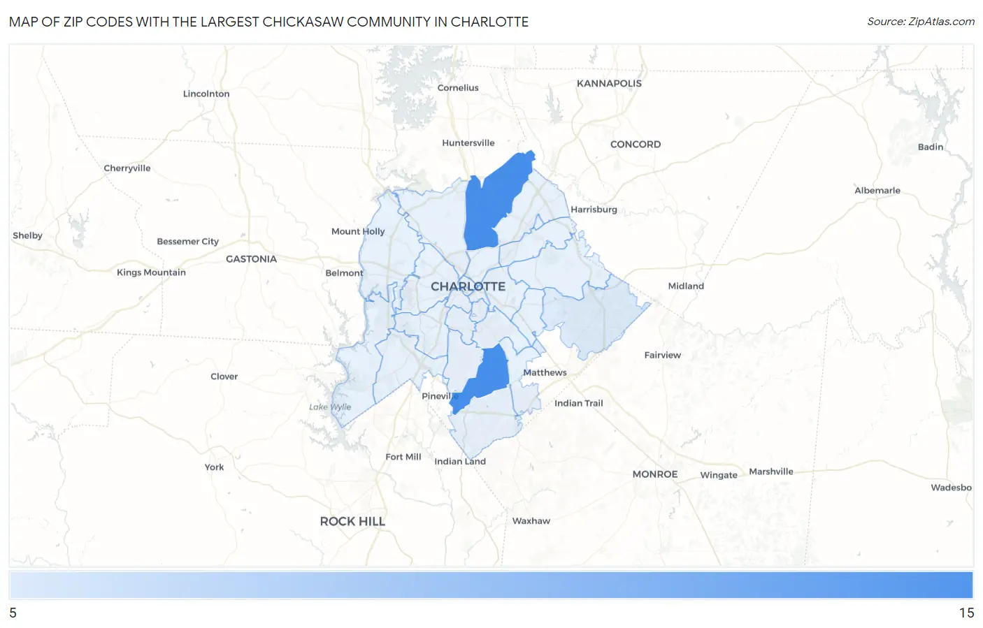Zip Codes with the Largest Chickasaw Community in Charlotte Map