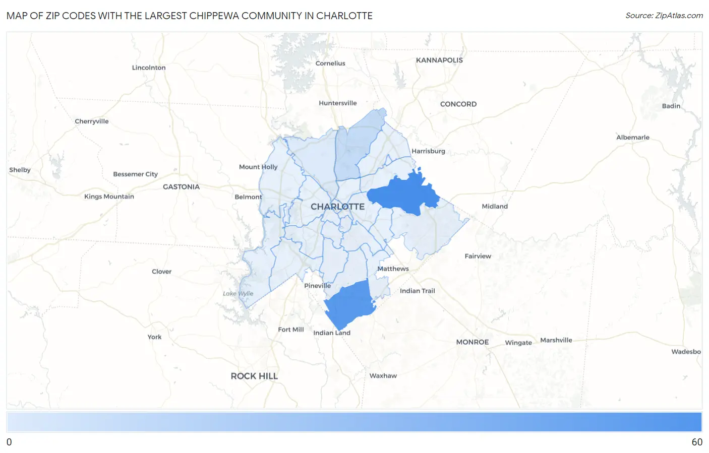 Zip Codes with the Largest Chippewa Community in Charlotte Map