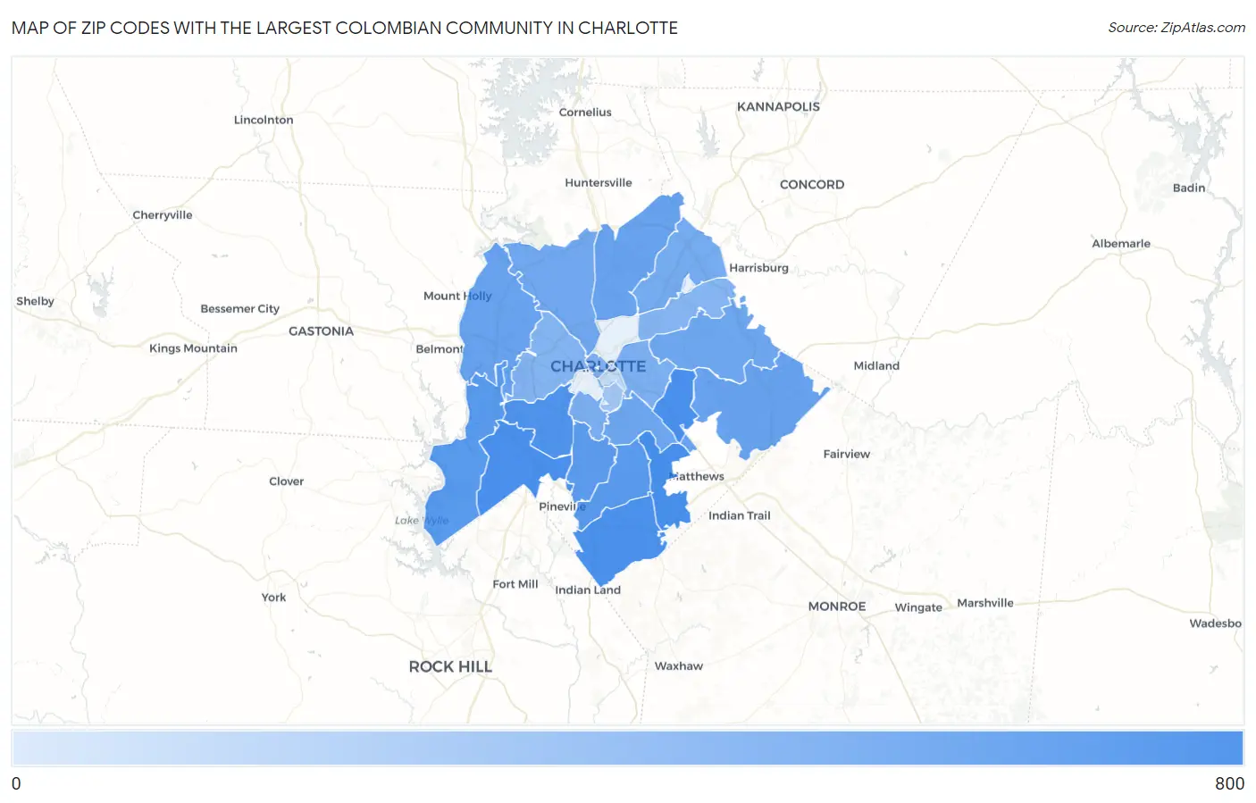 Zip Codes with the Largest Colombian Community in Charlotte Map