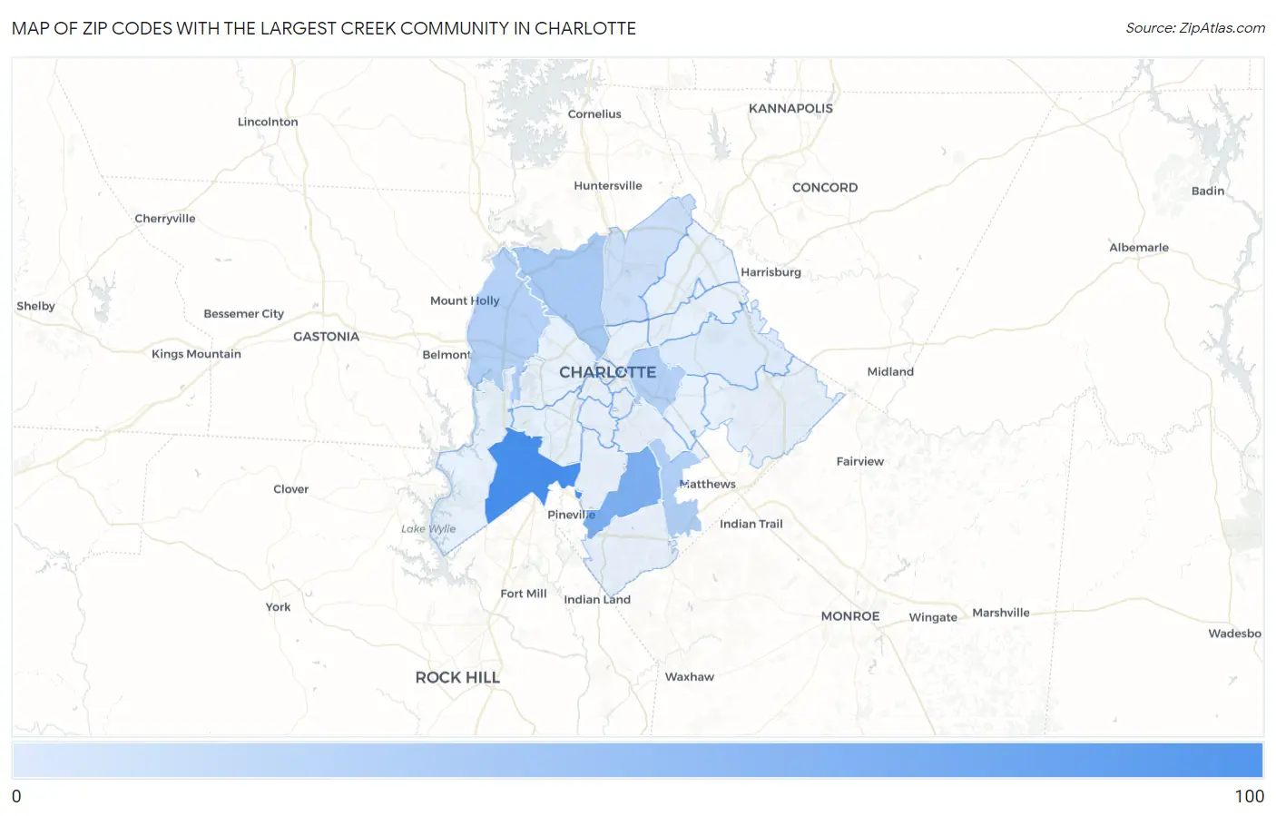 Zip Codes with the Largest Creek Community in Charlotte Map