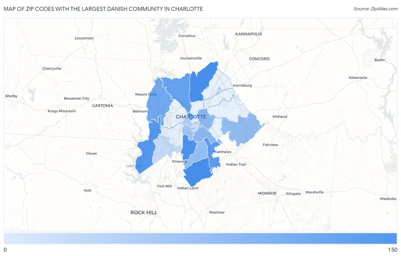 Zip Codes with the Largest Danish Community in Charlotte Map