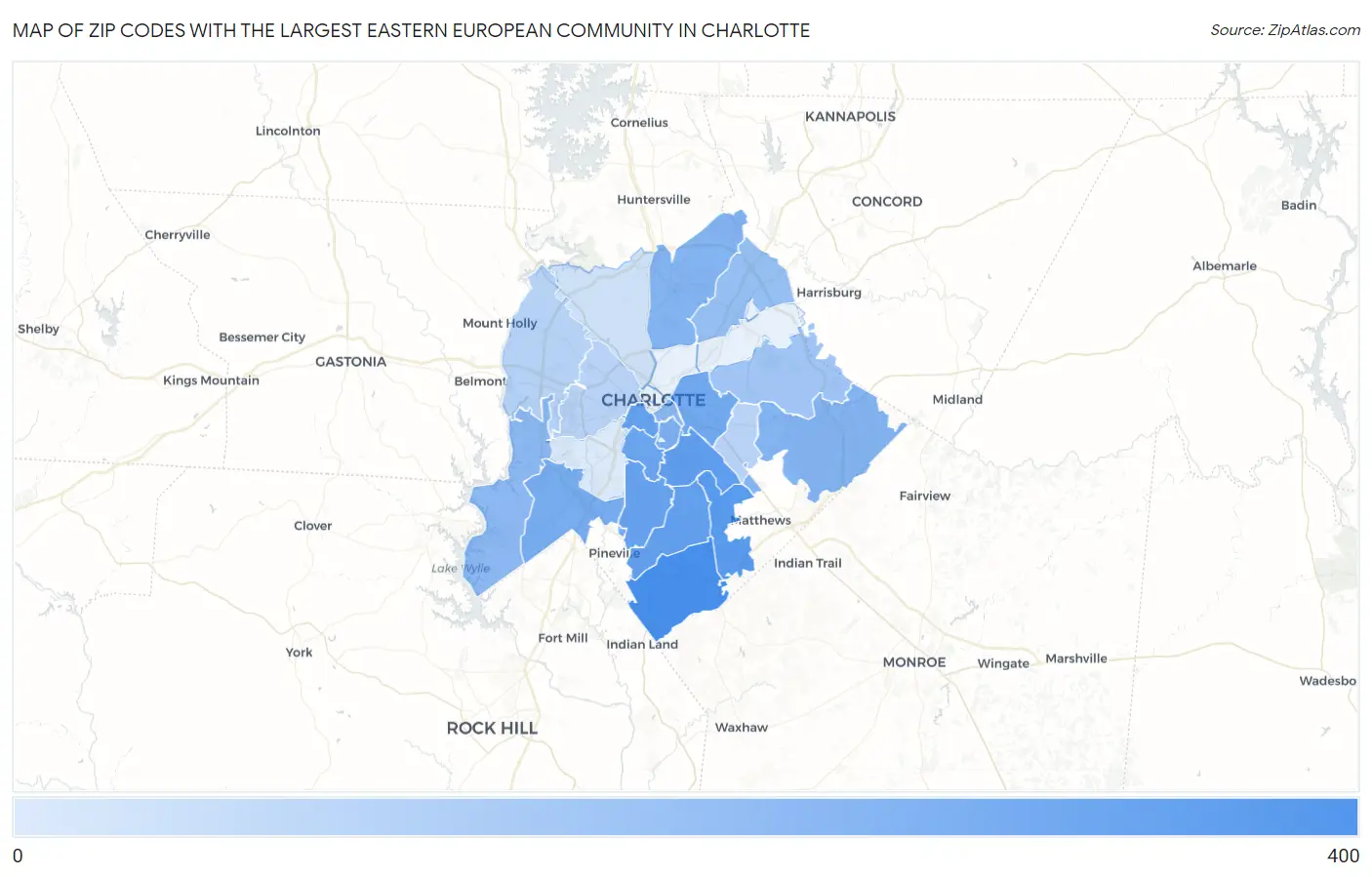 Zip Codes with the Largest Eastern European Community in Charlotte Map