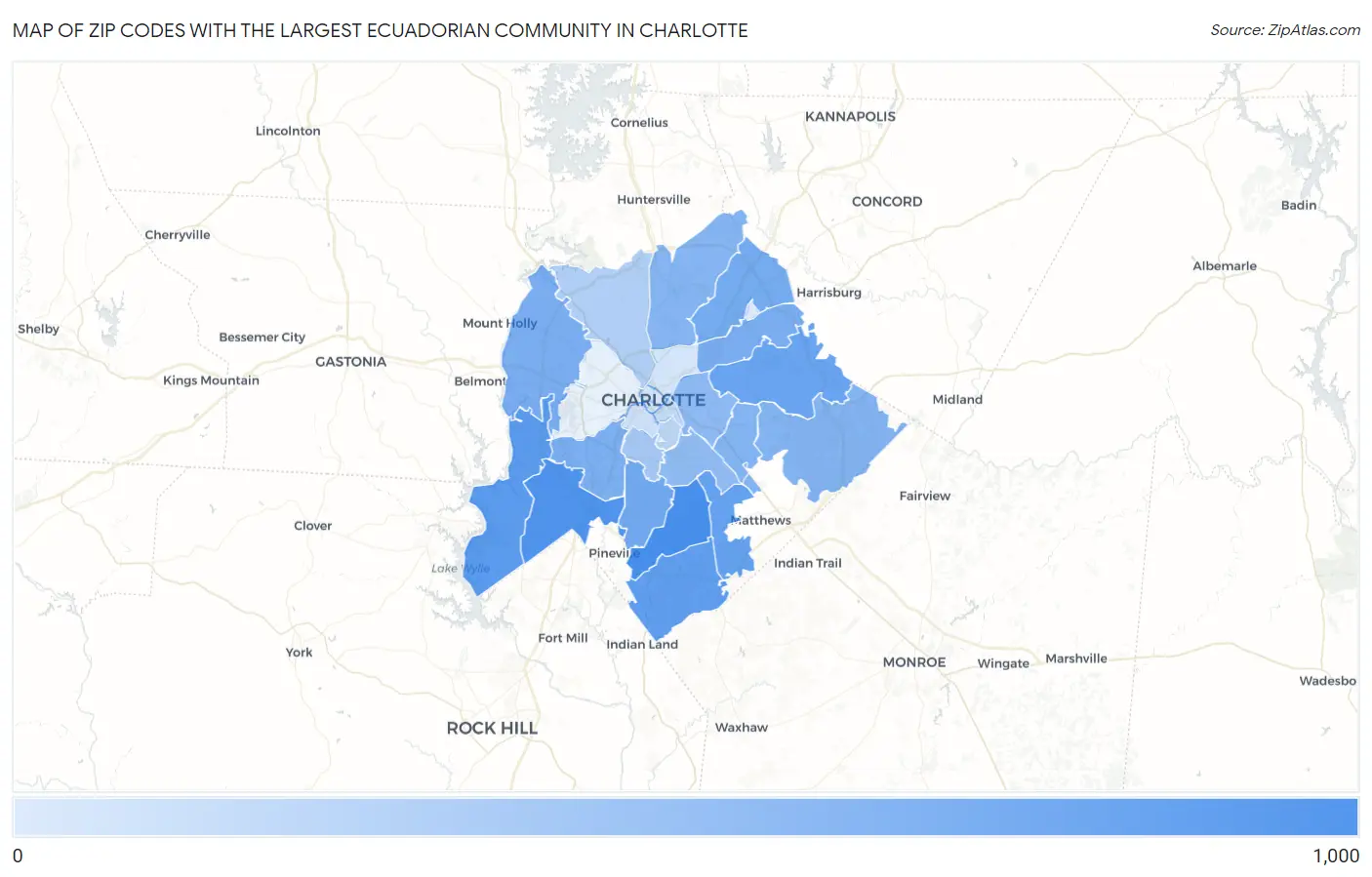 Zip Codes with the Largest Ecuadorian Community in Charlotte Map
