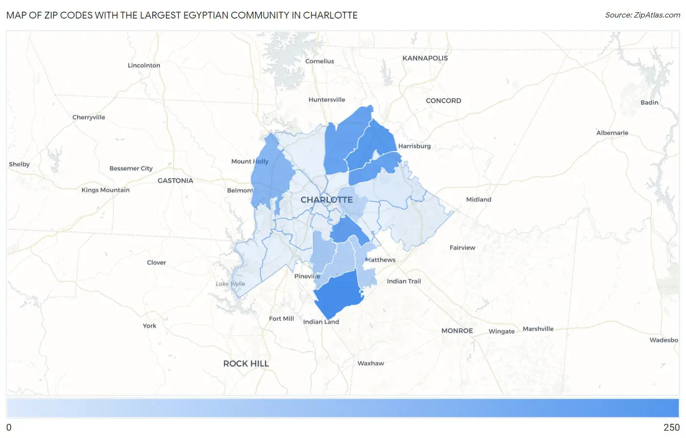 Zip Codes with the Largest Egyptian Community in Charlotte Map