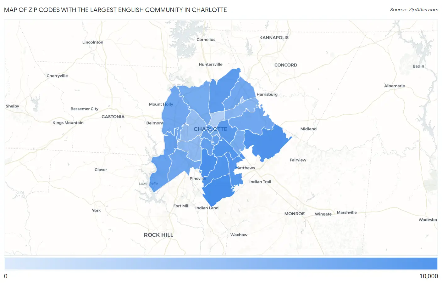 Zip Codes with the Largest English Community in Charlotte Map