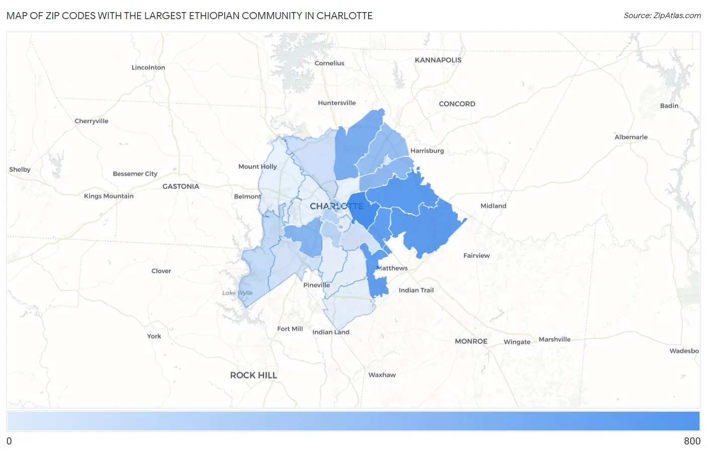 Zip Codes with the Largest Ethiopian Community in Charlotte Map