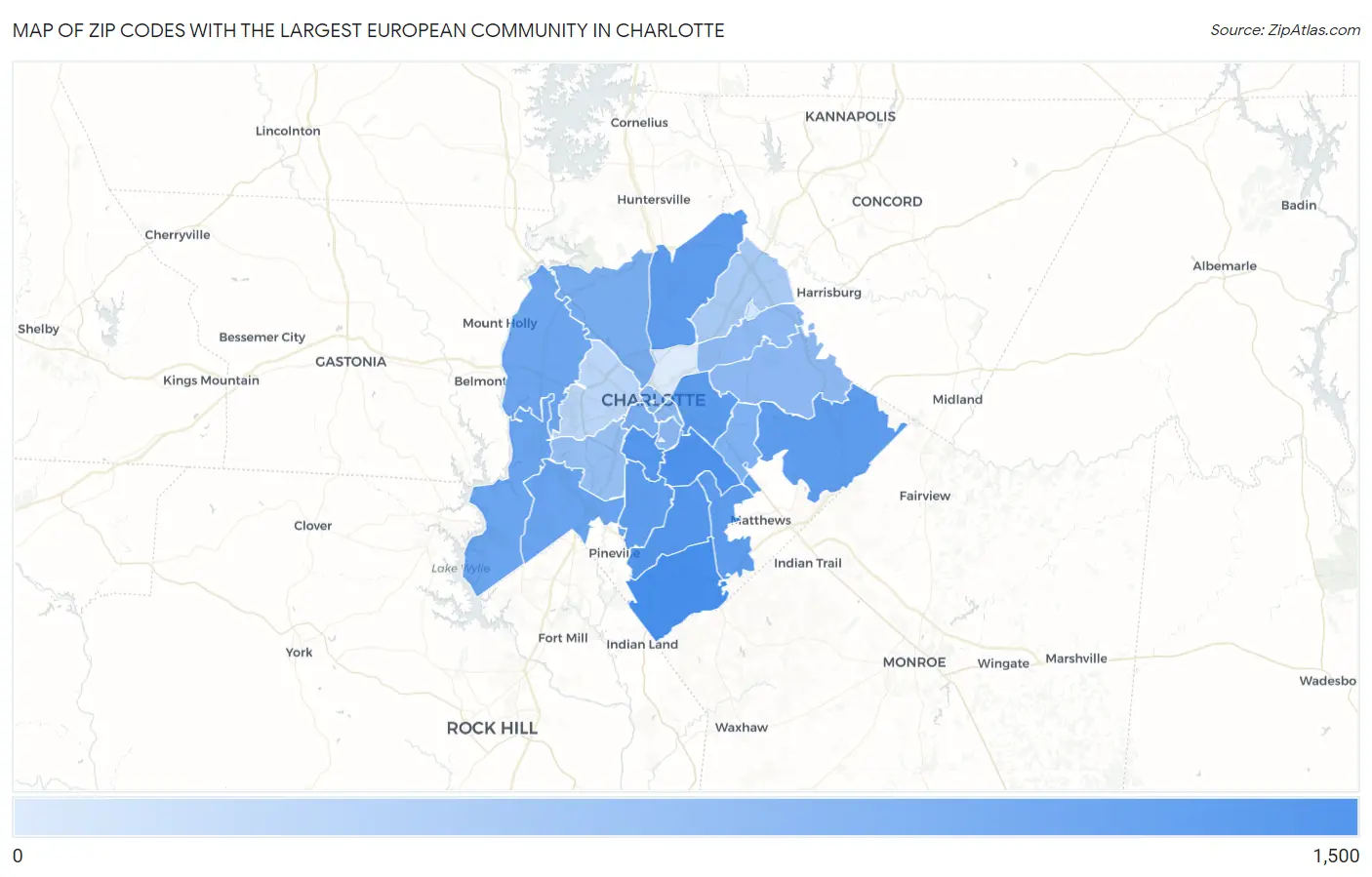 Zip Codes with the Largest European Community in Charlotte Map
