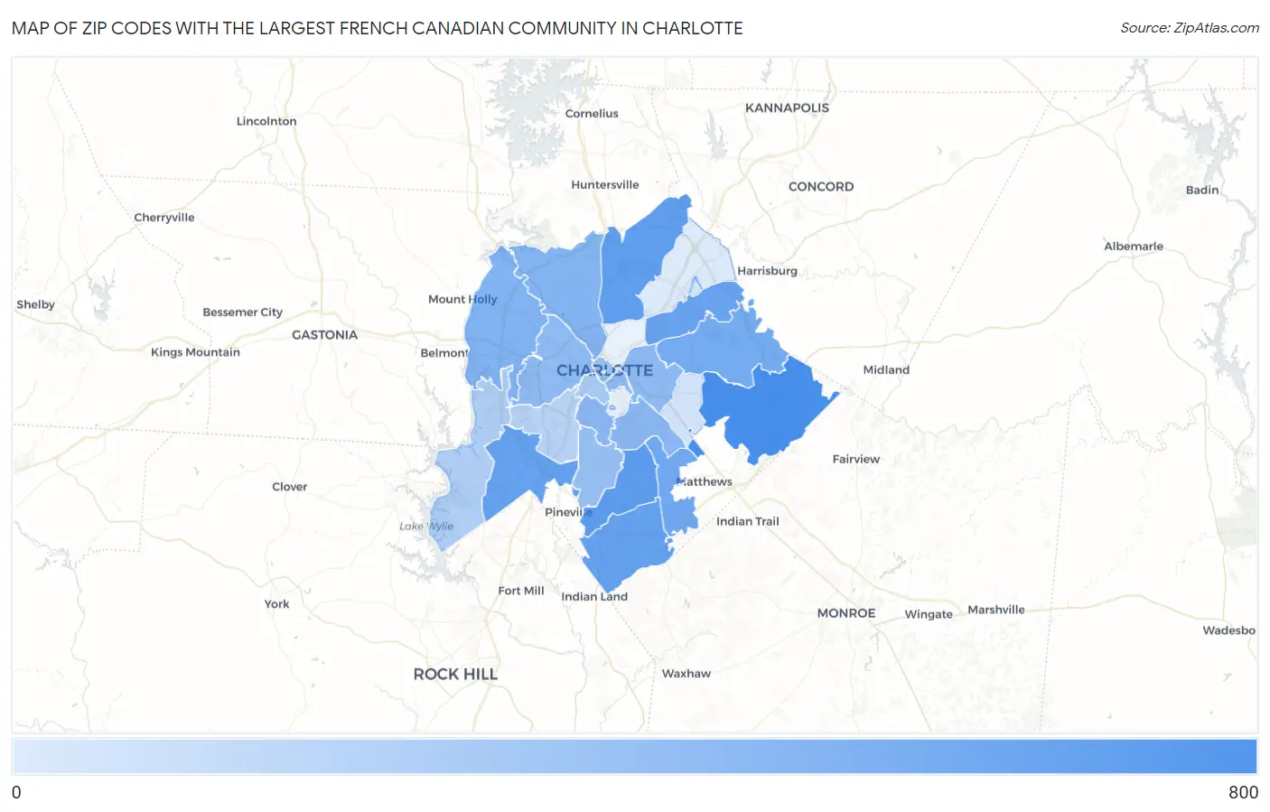 Zip Codes with the Largest French Canadian Community in Charlotte Map