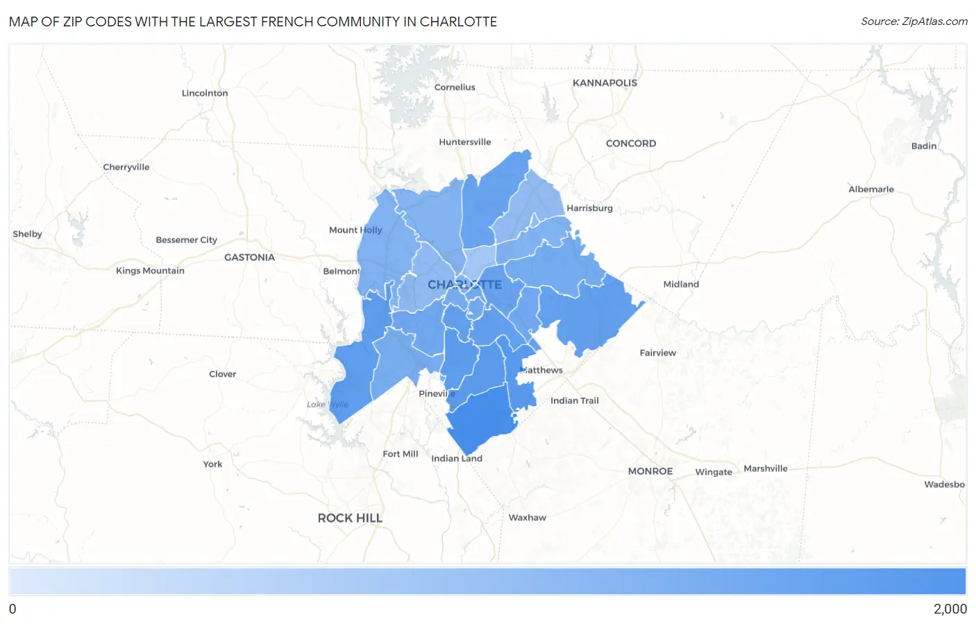 Zip Codes with the Largest French Community in Charlotte Map