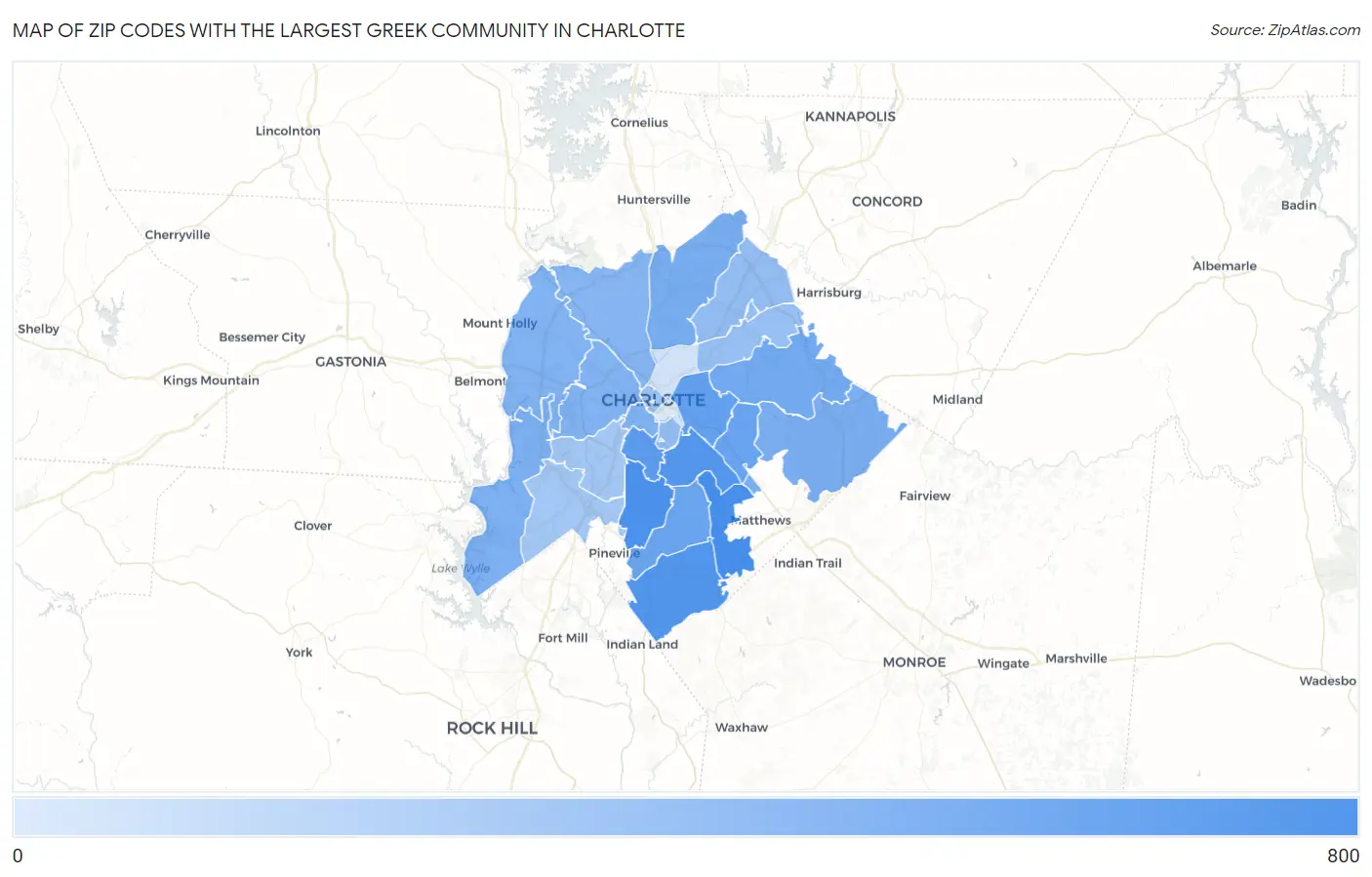 Zip Codes with the Largest Greek Community in Charlotte Map